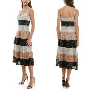 Maison Tara Elegant Women's Color Blocked Sequin Midi Dress Prom Wedding Guest